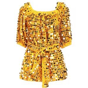 Sundress LARGE/XL knitted, belt, sequins, plain yellow/gold color Top or Dress